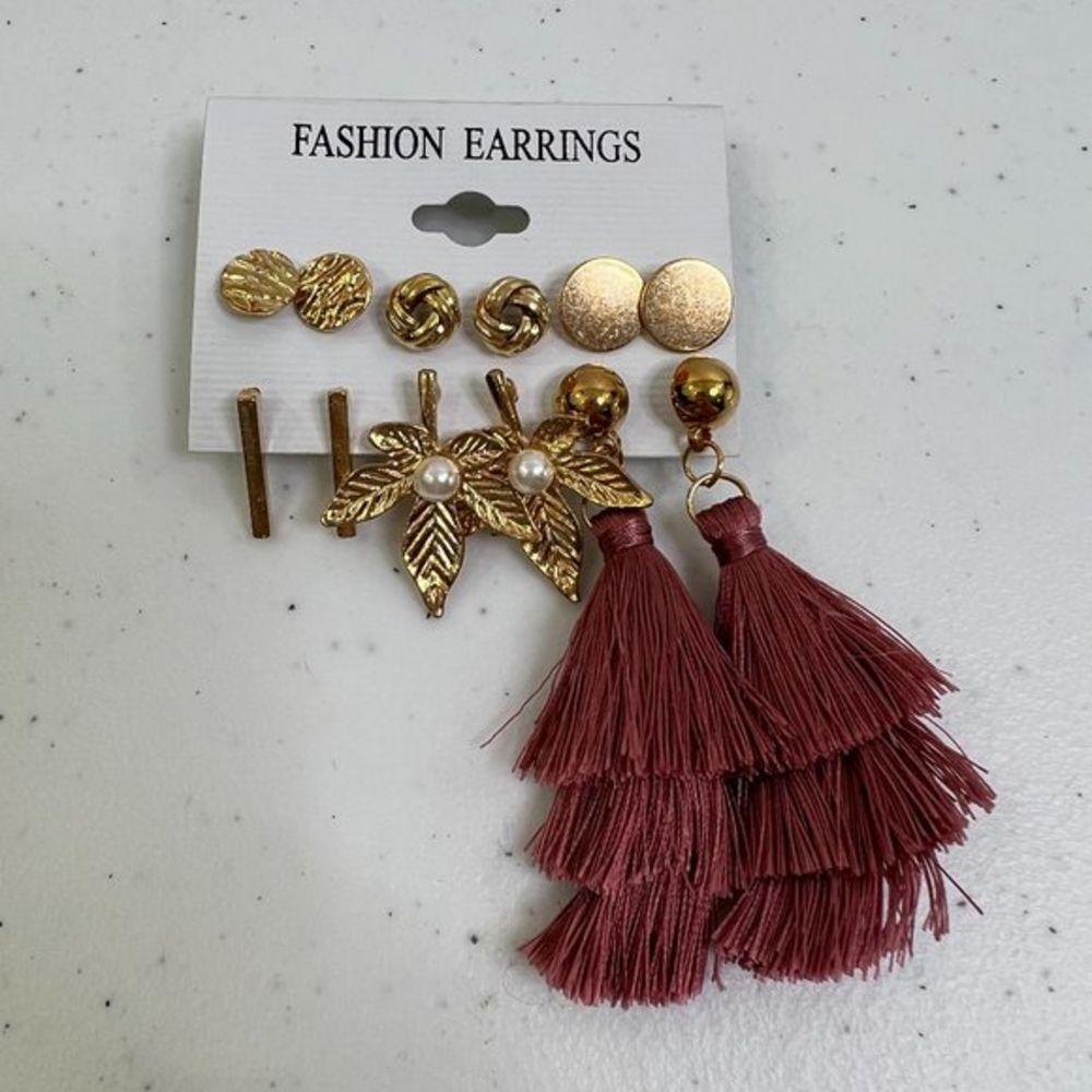 Fashion Earrings Leaf Tassel Pink Knot Faux Pearl Gold Tone Lot of 6 Pairs ‎ New